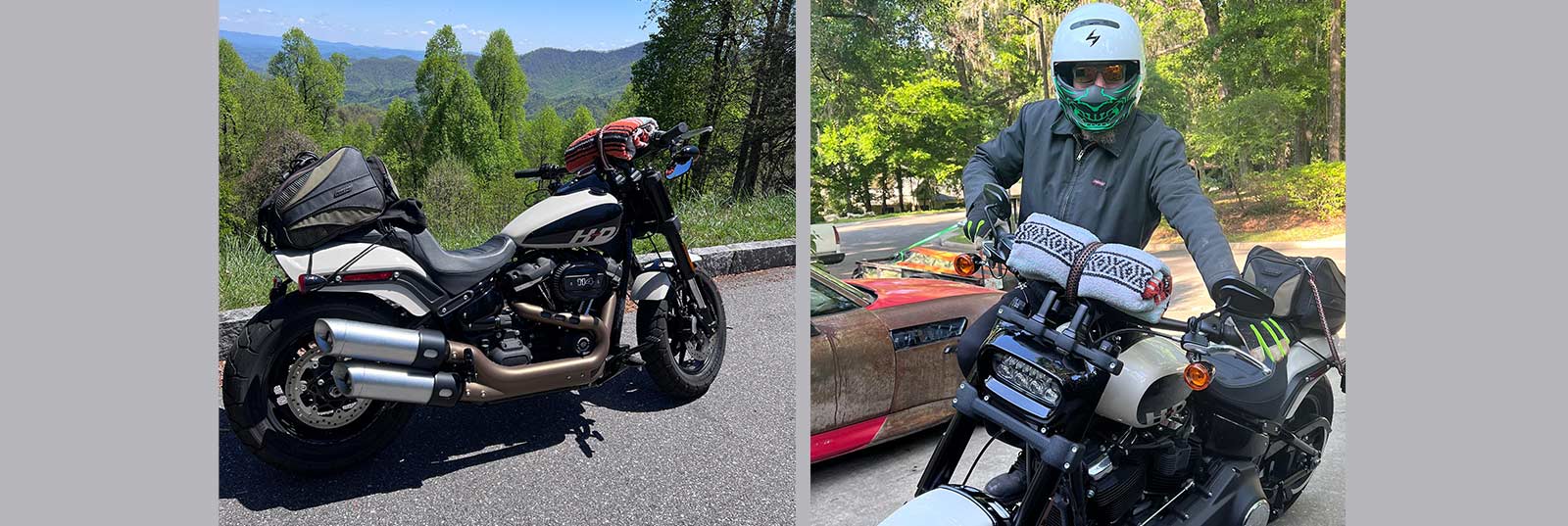 two images side by side. Chris with his Bike and and a photo of his bike with a mountain view.